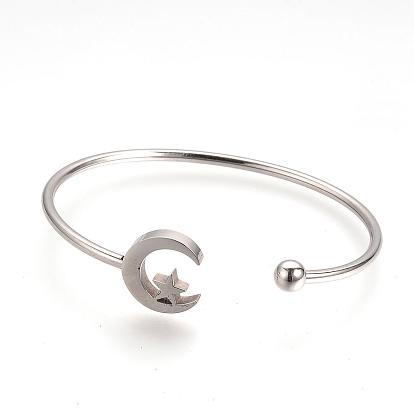 304 Stainless Steel Cuff Bangle Making, with 201 Stainless Steel Beads, Moon with Star