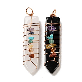 7 Chakra Gemstone Big Pendants, Bullet Shape Charms with Glass and Golden Plated Brass Wire Wrapped
