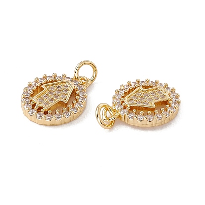 Brass Micro Pave Clear Cubic Zirconia Pendants, with Jump Ring, Cadmium Free & Nickel Free & Lead Free, Rack Plating, Oval with Hamsa Hand Pattern