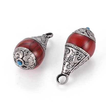 Handmade Tibetan Style Pendants, with Synthetic Coral, Drop, Red