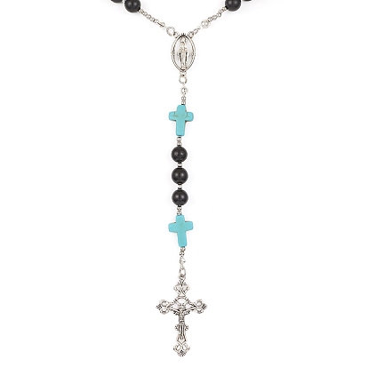 Synthetic Turquoise & Wood Rosary Bead Necklace, Alloy Cross & Virgin Mary Pendant Necklace for Religion