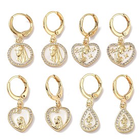 Real 18K Gold Plated Brass Dangle Leverback Earrings, with Enamel and Cubic Zirconia