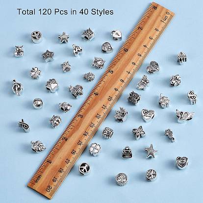 120 piezas 40 estilos cuentas europeas de aleación de estilo tibetano, abalorios de grande agujero, formas mixtas