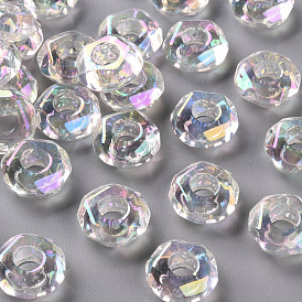 Transparent Acrylic European Beads, AB Color Plated, Large Hole Beads, Flat Round, Faceted