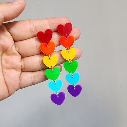 Rainbow Color Pride Flag Acrylic Heart Dangle Stud Earrings, Brass Long Drop Earrings for Women