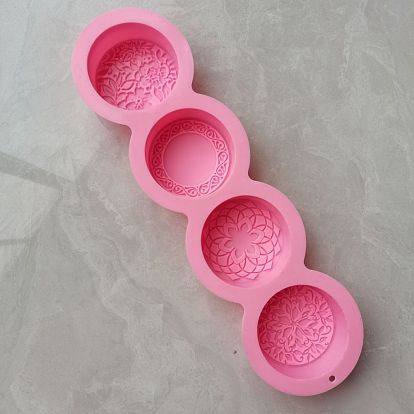 DIY Soap Silicone Molds, for Handmade Soap Making, Flat Round with Floral Pattern, 4 Cavities
