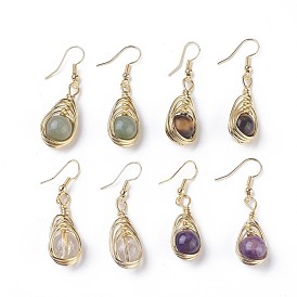 Natural Gemstone Dangle Earrings, with Brass Findings