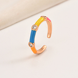Brass Micro Pave Cubic Zirconia Open Cuff Ring, with Colorful Enamel