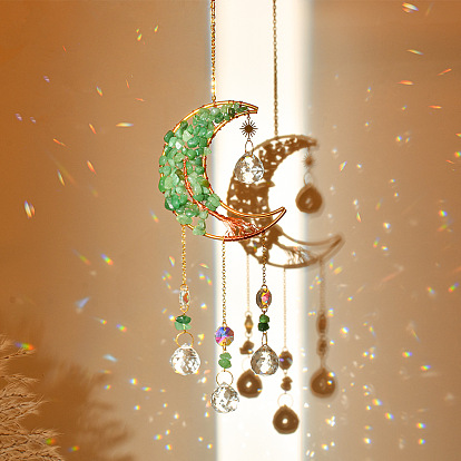 Natural & Synthetic Gemstone Chip & Brass Moon Hanging Suncatcher Pendant Decoration, Crystal AB Teardrop & Star & Cone Glass Prism Pendants