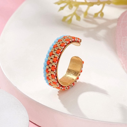Glass Seed Beaded Open Cuff Rings, Golden Stainless Steel Jewelry