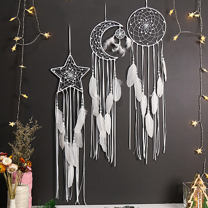 Плетеная паутина/сетка с подвесками из перьев, полиэстеровый шнур, подвесной домашний декор, звезда/луна/плоский круглый