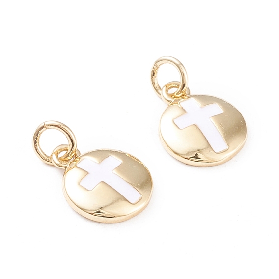 Brass Enamel Charms, with Jump Rings, Long-Lasting Plated, Flat Round with Cross