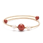 Natural Gemstone & Pearl Round Beaded Bangle, Brass Torque Bangle for Women, Golden