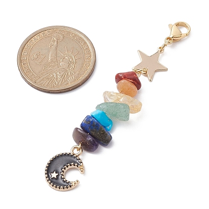 Décorations de pendentif en émail en alliage de lune, avec éclats de pierres précieuses chakra, lien étoile en laiton et fermoirs mousquetons en acier inoxydable