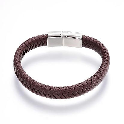 Плетеные браслеты шнур кожаный, Сплав с магнитными застежками, платина