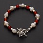 Attractive Gemstone Beaded Bracelets, with Pearl Beads, Brass Beads and Heart Alloy Toggle Clasps, 185mm