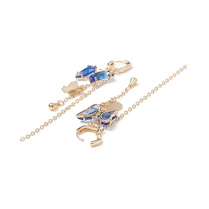 4 Pairs 4 Color Glass Butterfly Dangle Hoop Earrings with Clear Cubic Zirconia, Golden Brass Long Tassel Drop Earrings for Women