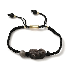 Natural Obsidian & Sliver Obsidian & Picture Jasper Braided Bead Bracelet, Adjustable Bracelet