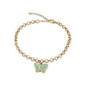 Enamel Butterfly Charm Bracelet with Rolo Chains, Ion Plating(IP) 304 Stainless Steel for Women