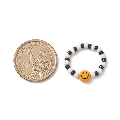 5 piezas 5 estilo cara sonriente conjunto de anillos elásticos de semillas de acrílico y vidrio, joyas de cuentas trenzadas para mujer