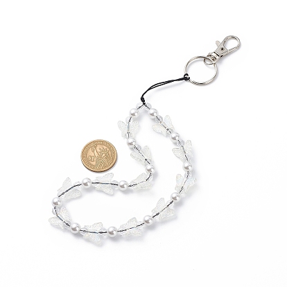 Bracelet porte-clés perlé papillon acrylique transparent, avec des perles en plastique imitation perles, fermoirs pivotants en alliage