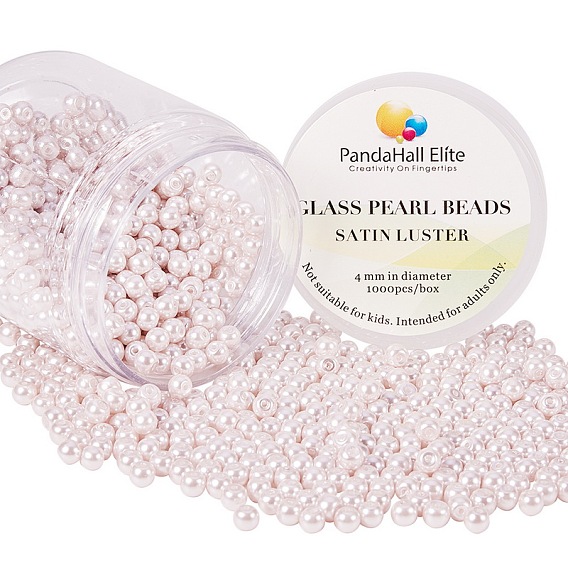 PandaHall Elite Pearlized Eco-Friendly Dyed Glass Pearl Round Beads, for Beading Jewelry Making, 4~4.5mm, Hole: 0.7~1.1mm, about 1000pcs/box