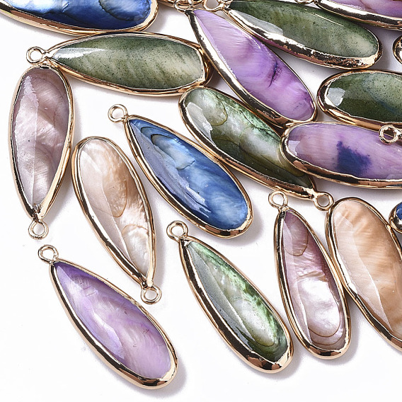 Natural Freshwater Shell Pendants, with Iron Loops, Edge Golden Plated, Dyed, Teardrop