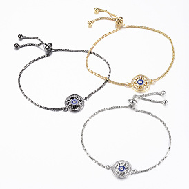 Bracelets réglables en laiton à micro-pavé de zircone cubique, bracelets bolo, avec l'émail, plat rond, bleu