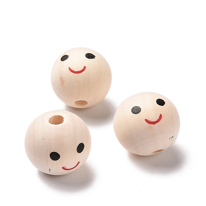Perles européennes en bois imprimées, perle ronde à gros trou avec motif visage souriant, non teint