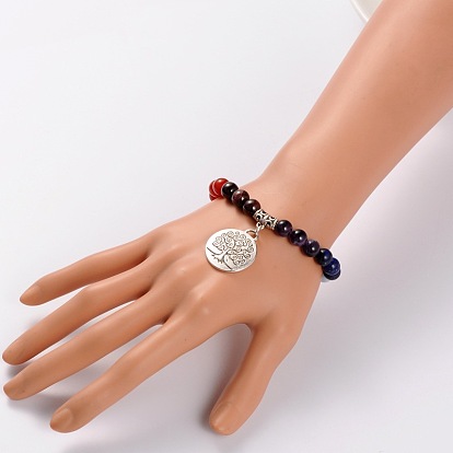 Natural Gemstone Stretch Charm Bracelets, with Tibetan Style Tree of Life Pendant, Antique Silver