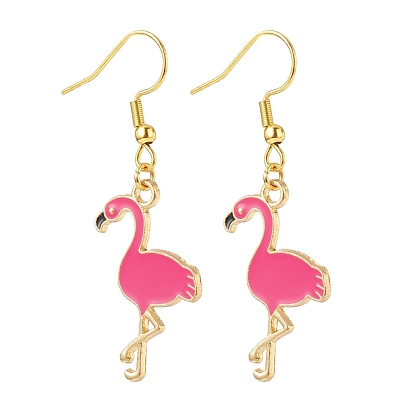 Deep Pink Enamel Flamingo Dangle Earrings, 304 Stainless Steel Jewelry for Women