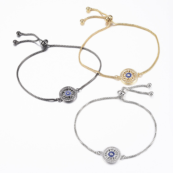 Adjustable Brass Micro Pave Cubic Zirconia Slider Bracelets, Bolo Bracelets, with Enamel, Flat Round, Blue