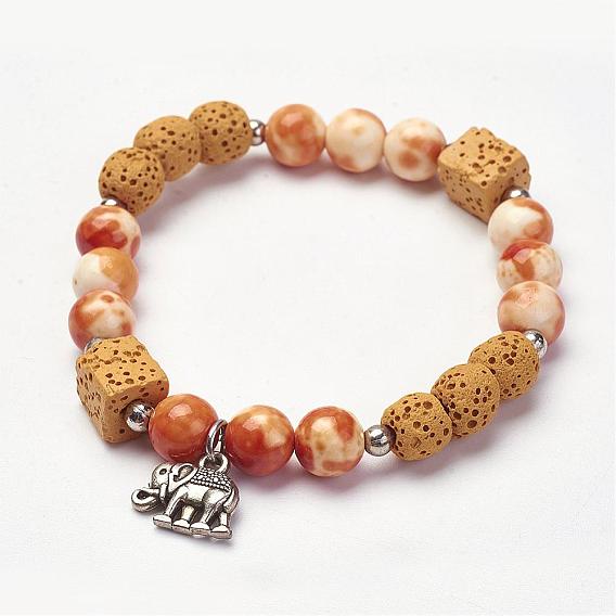 Natural Lava Rock Stretch Bracelets, with Gemstone and Alloy Elephant Charms, Round & Cube