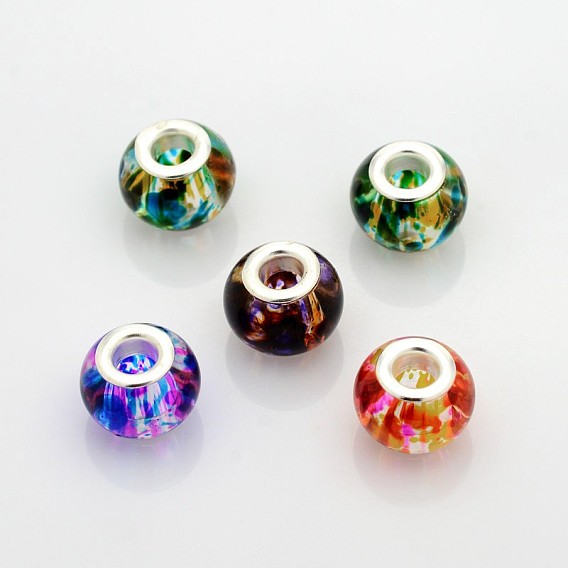 Large Hole Glass European Beads, with Silver Color Plated Brass Cores, Rondelle, 14x11mm, Hole: 5mm