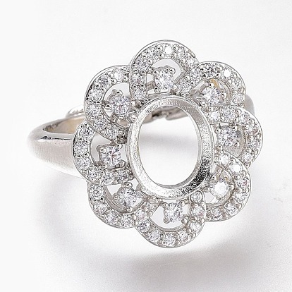 Componentes de anillo de dedo de zirconia cúbica transparente con micro pavé de latón ajustable, 4 configuraciones de anillo de punta de garra, larga duración plateado, flor