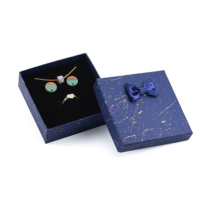 Cardboard Jewelry Set Box, for Necklaces, Ring, Earring, with Bowknot Ribbon Outside and Black Sponge Inside, Square