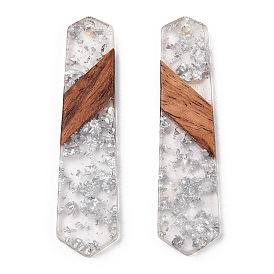 Transparent Resin & Walnut Wood Pendants, with Silver Foil, Polygon