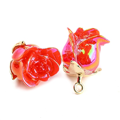 Opaque Resin Pendants, AB Color, Flower Charms with Alloy Leaf