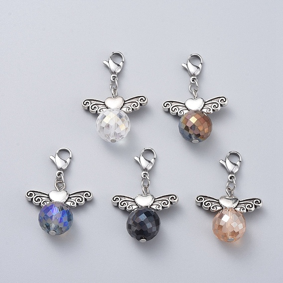 Alloy Pendants, with Faceted Glass Beads and 304 Stainless Steel Lobster Claw Clasps, Wing