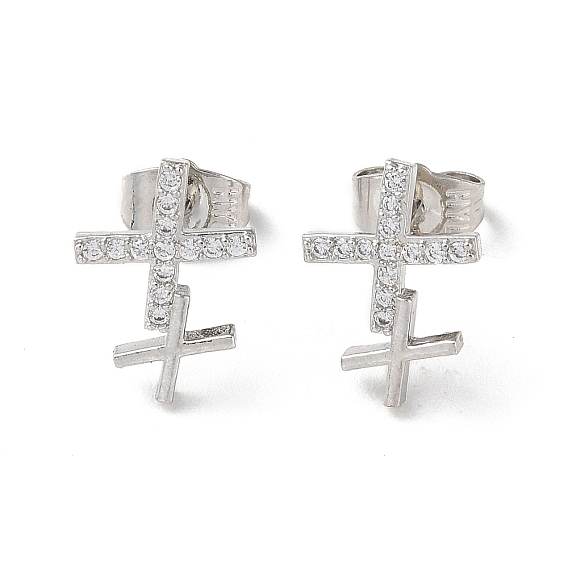 Brass Rhinestone Stud Earrings, Cross