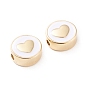 Brass Enamel Beads, Long-Lasting Plated, Flat Round with Heart, White