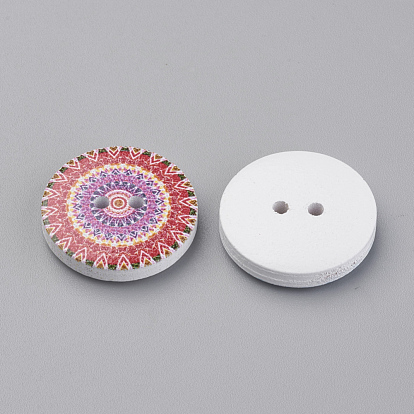 2-Hole Printed Wooden Buttons, Dyed, Flat Round with Pattern
