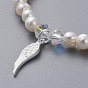 Natural Freshwater Pearl Beads Stretch Bracelets, with 925 Sterling Silver Charms, Austrian Crystal Beads and Cardboard Boxes, Wing