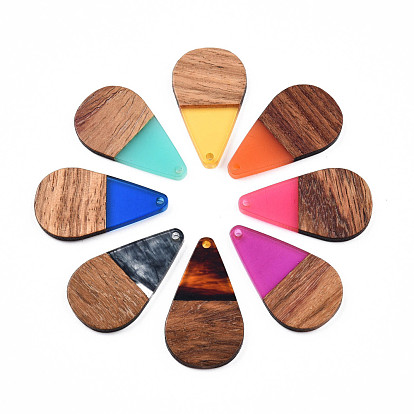 Transparent Resin & Walnut Wood Pendants, Teardrop Shape Charm