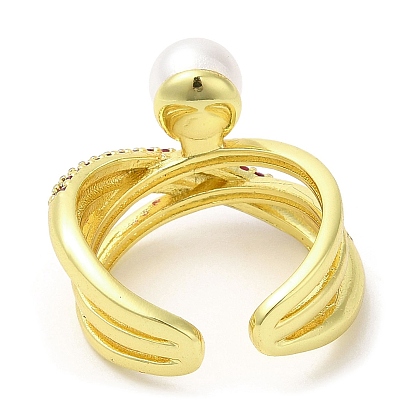 Anillo abierto cruzado de circonita cúbica con cuentas de perlas de plástico, anillos de latón dorado