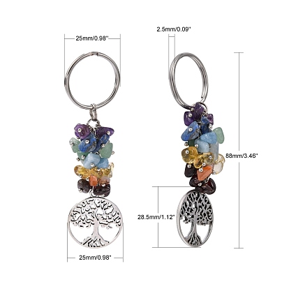 Porte-clés en pierre naturelle, avec les accessoires en laiton, rond et plat avec un arbre