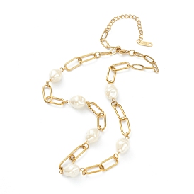 Imitation acrylique colliers de perles de perles, avec 304 chaînes trombones en acier inoxydable, nuggets, beige