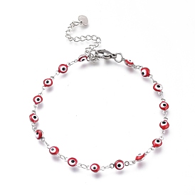 304 Stainless Steel Link Bracelets, with Enamel and Lobster Claw Clasps, Evil Eye, Stainless Steel Color
