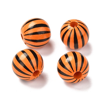 Natural Wood Beads, Macrame Beads Large Hole, Printed, Round with Stripe Pattern