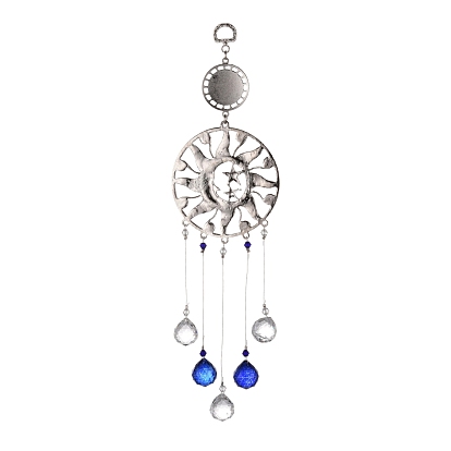 Alliage plat rond & soleil & lune bleu turc mauvais œil pendentif décoration, avec prismes de boule de lustre de plafond en cristal, pour l'ornement d'amulette suspendu à la maison